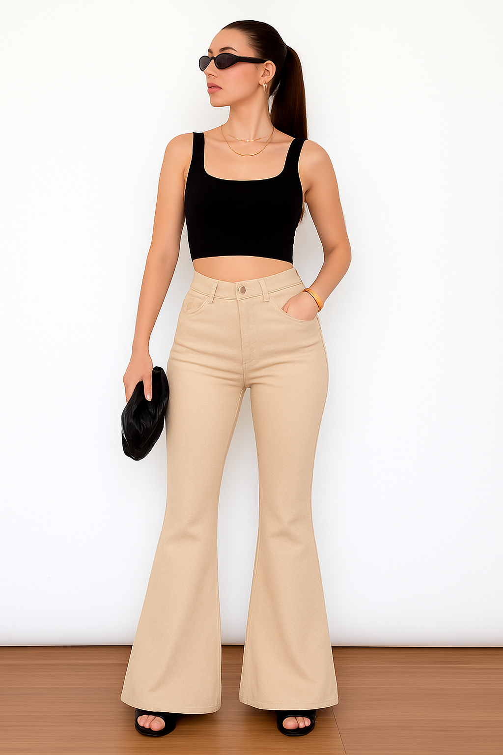 Beige Bell Bottom Jeans