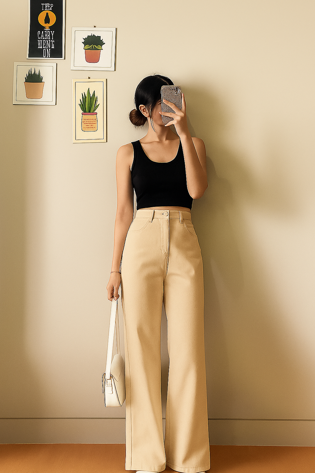 Beige Wide Leg Denim Jeans
