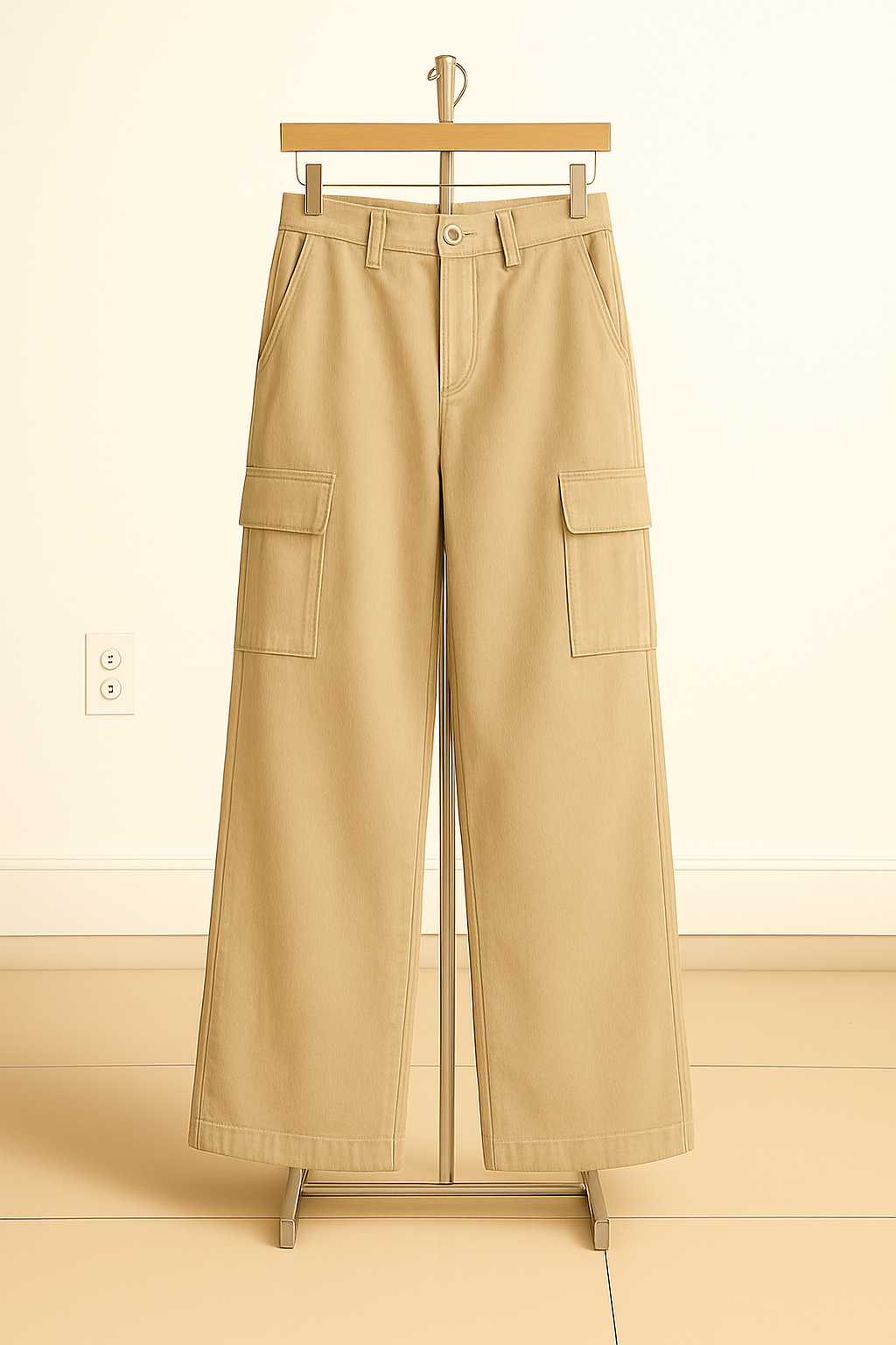 Beige Wide-Leg Cargo Pants (6 Pockets)