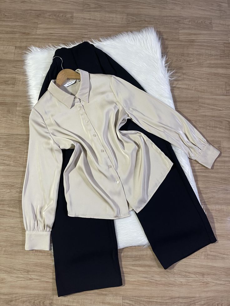 White Button Down Shirt with Black Wide Leg Denim Jeans