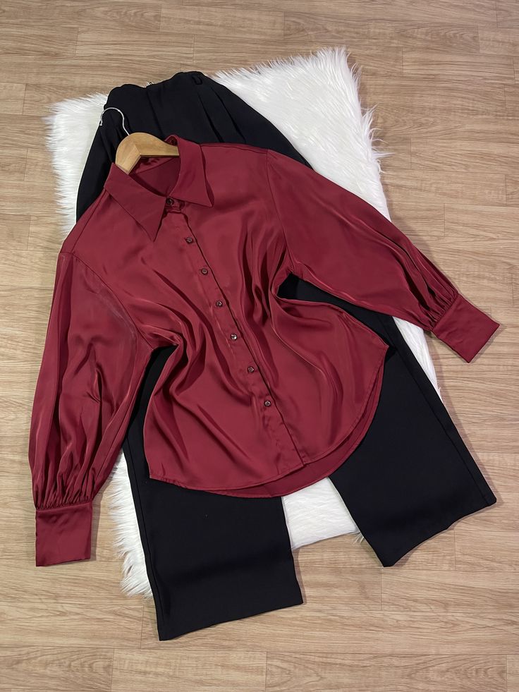 Maroon Button Down Shirt with Black Wide Leg Denim Jeans