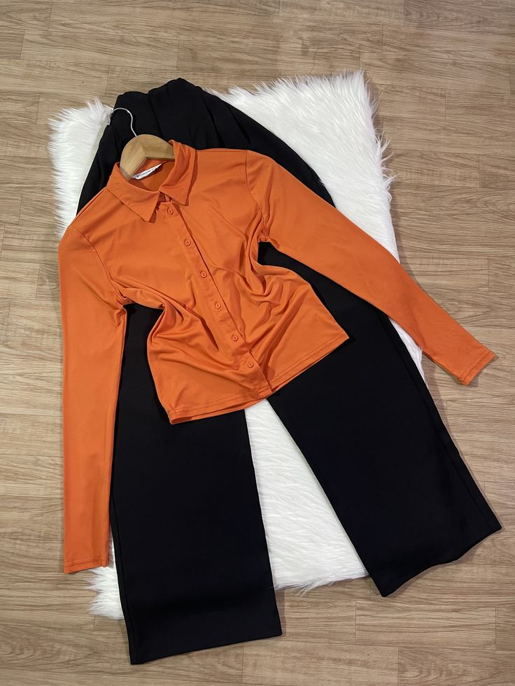 Sunset Orange Button Down Shirt with Black Wide Leg Denim Jeans