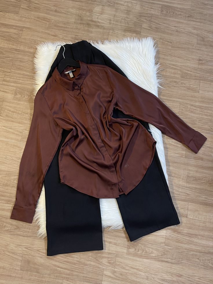Brown Button Down Shirt with Black Wide Leg Denim Jeans