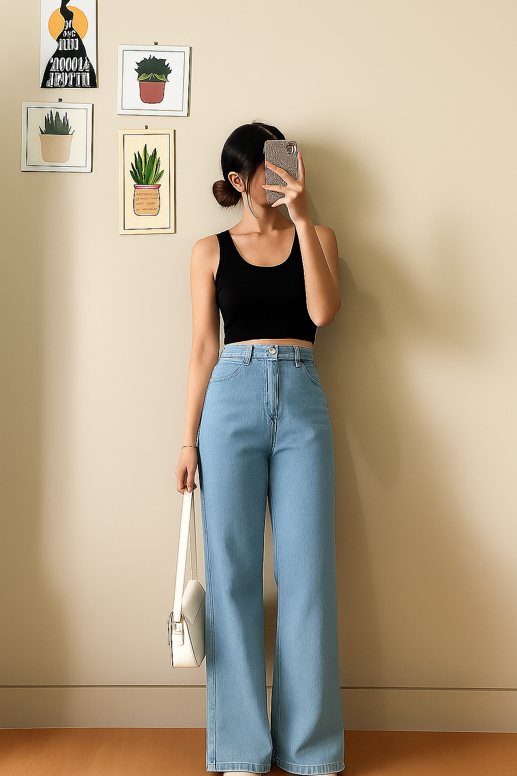 Sky-Blue Wide Leg Denim Jeans