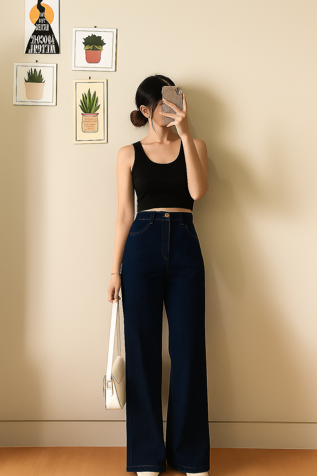 Dark-Blue Wide Leg Denim Jeans