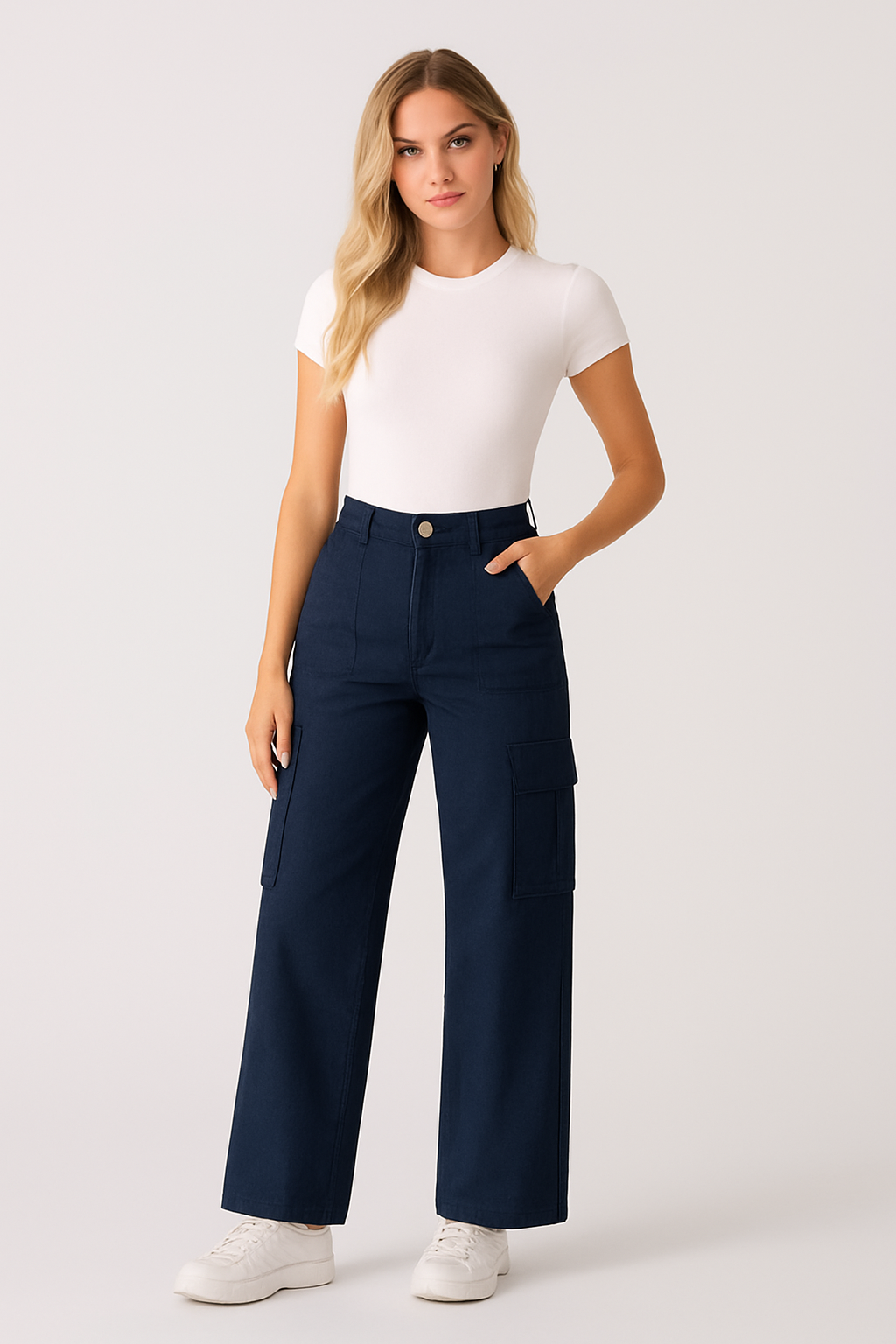 Dark-Blue Wide-Leg Cargo Pants (6 Pockets)