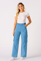 Sky-Blue Wide-Leg Cargo Pants (6 Pockets)