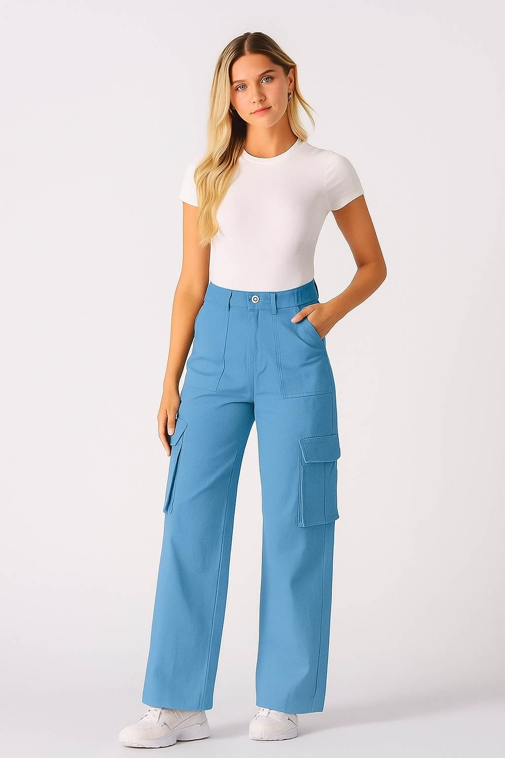 Sky-Blue Wide-Leg Cargo Pants (6 Pockets)
