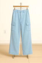 Sky-Blue Wide-Leg Cargo Pants (6 Pockets)