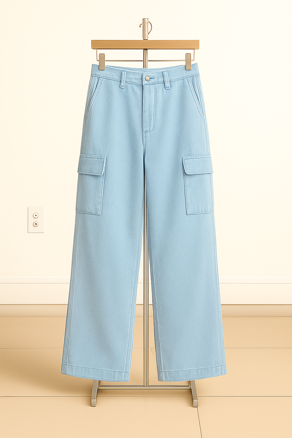 Sky-Blue Wide-Leg Cargo Pants (6 Pockets)