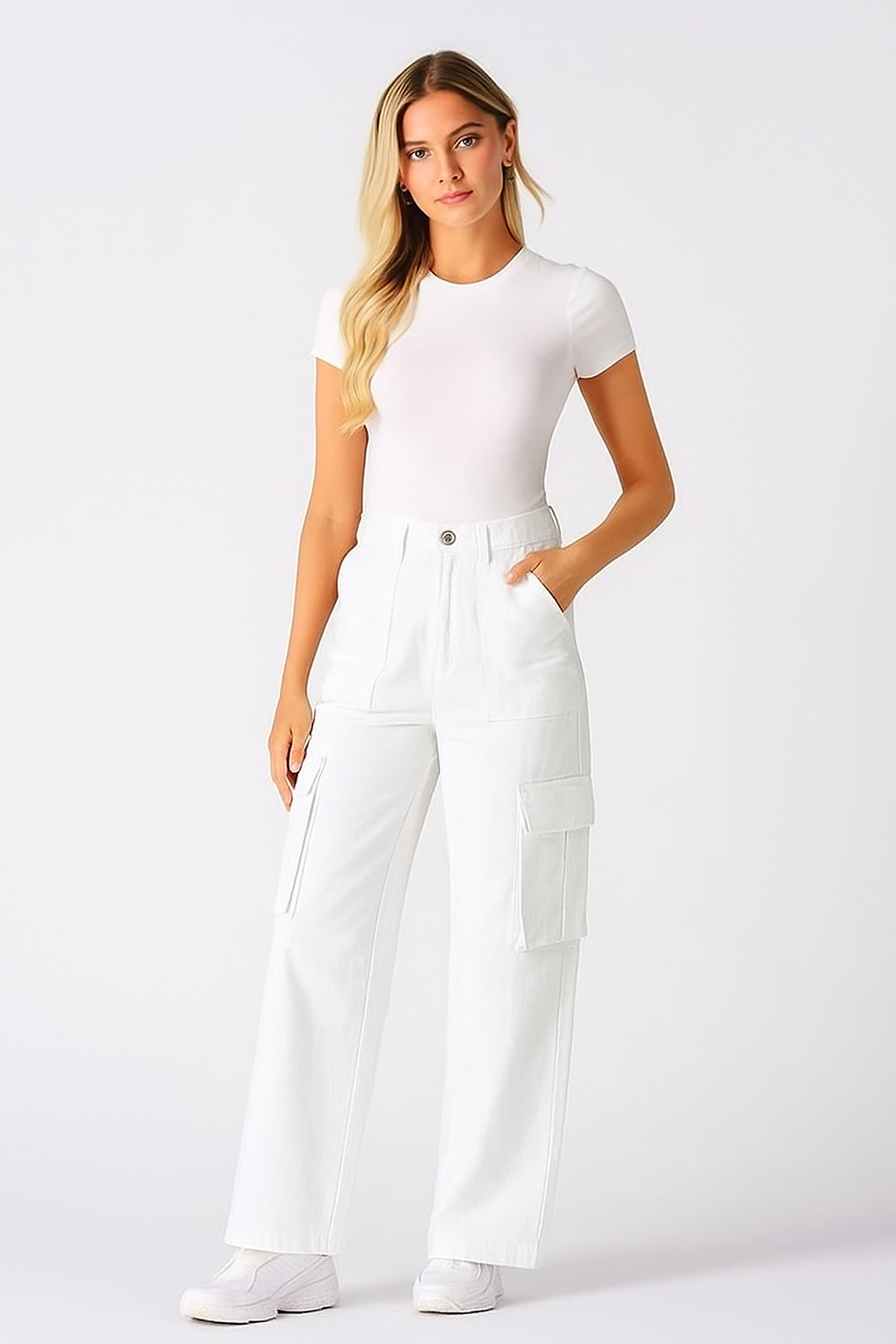 White Wide-Leg Cargo Pants (6 Pockets)