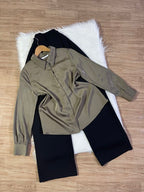 Grey Button Down Shirt with Black Wide Leg Denim Jeans