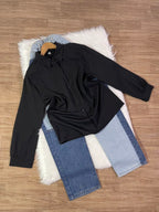 Black Button Down Shirt with Mid-Blue Wide Leg Denim Jeans