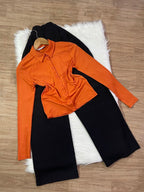 Sunset Orange Button Down Shirt with Black Wide Leg Denim Jeans